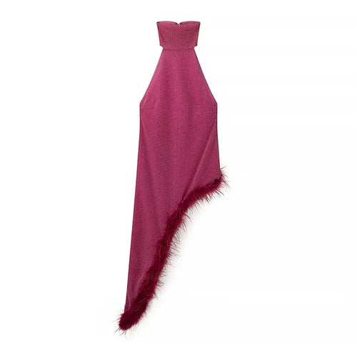 Solid Slim Backless Dresses for Women round Neck Sleeveless High Waist Spliced Feather Irregular Dress Female New